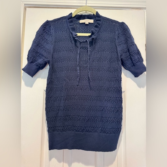 LOFT Pointelle Tie Neck Sweater Tee - Blue - Medium - Picture 2 of 7